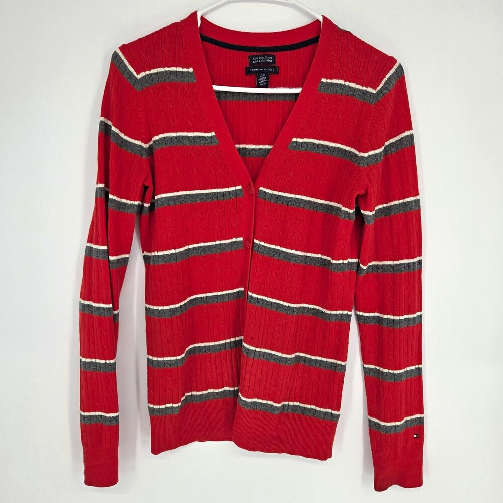Tommy Hilfiger Red Gray White Striped Cable Knit V-Neck Button Cardigan S